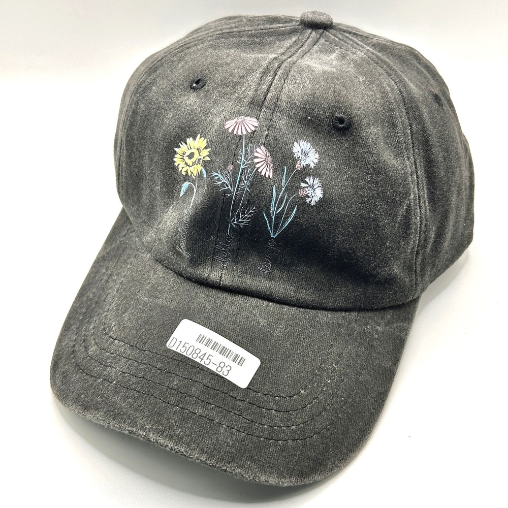Wildflower Floral Baseball Cap OS Gray Acid Wash Embroidered Adjustable Hat New